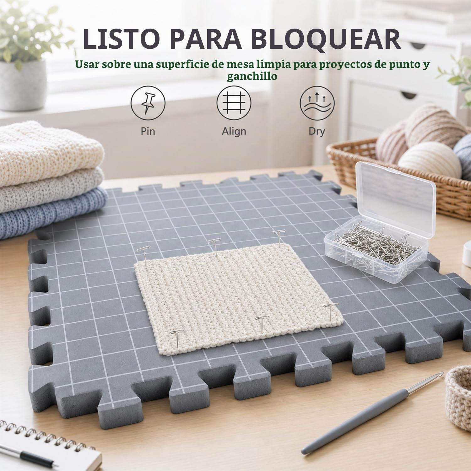 QWORK® 9 Piezas tablero de bloqueador crochet, 1.9 cm espumas de grosor para tejer con 100 agujas, bolsa de almacenamiento y cojín para agujas