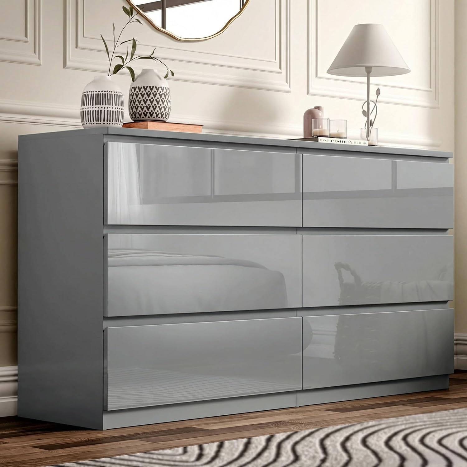 Blisswood Grey High Gloss Chest of Drawers 6 Drawer Bedroom Storage Cabinet with Metal Runners, Chest for Clothes Storage, Modern Living Room Hallway Nursery Office Furniture 40D x 120W x 77H CM Grey