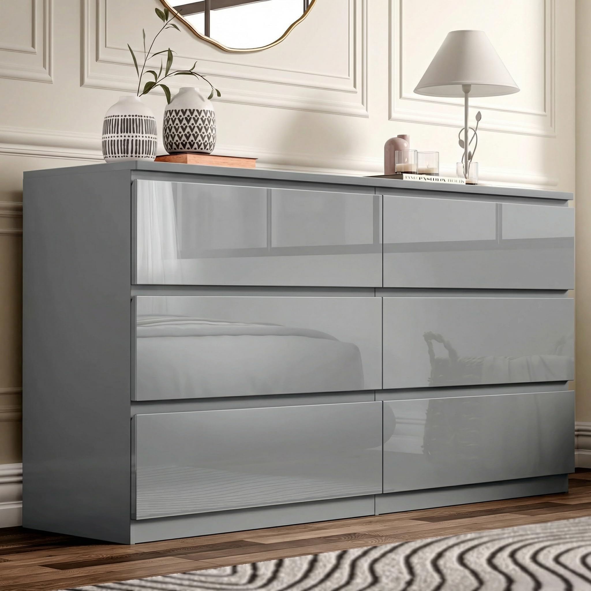 Blisswood Grey High Gloss Chest of Drawers 6 Drawer Bedroom Storage Cabinet with Metal Runners, Chest for Clothes Storage, Modern Living Room Hallway Nursery Office Furniture 40D x 120W x 77H CM Grey