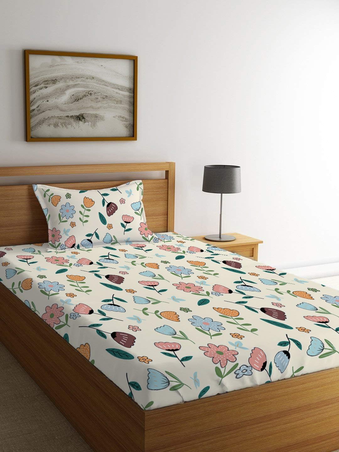 DECOMIZER 300 TC Cotton Feel Glace Cotton Elastic Fitted All Around Printed Full Length Single Bed Bedsheet with 1 Pillow Cover Fits Upto 6 inches Mattress, Size- 42x75x8 Inches, Yellow Multi Flowers