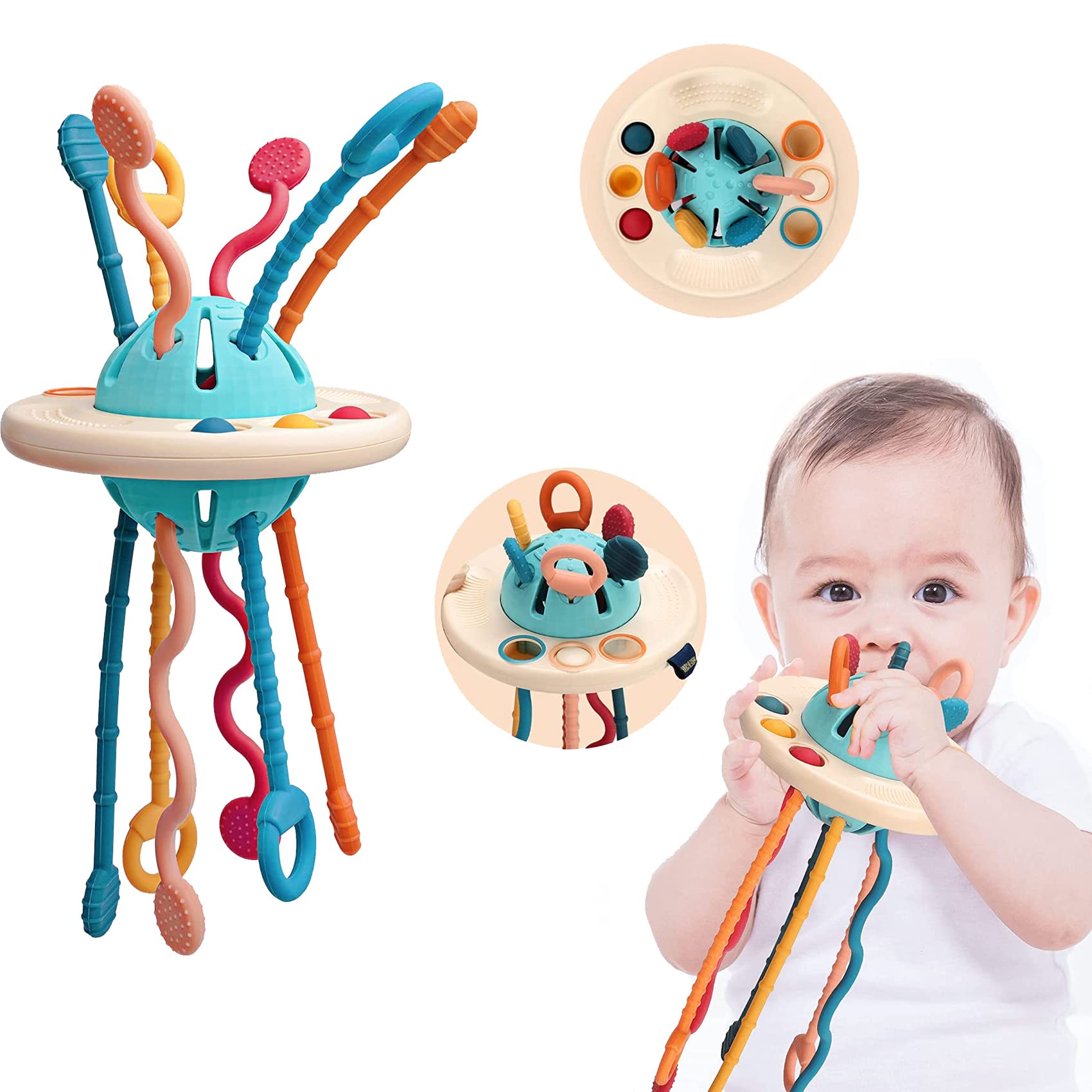 morkka Montessori Suction Cup Toy Chew Toy Bite Toy Travel Toy Fine Motor Pram Baby Toy Silicone Pull Cord Activity Toy Sensory from 6-18 Months and Toddlers