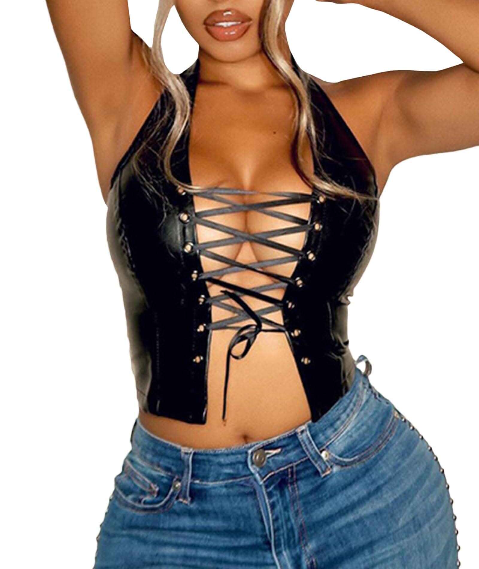 xxxiticat Women’s Faux Leather Halter Crop Top Lace Up Gothic Tank Shirt Sexy Casual Night Go Out Club Festival Summer Sleeveless PU Leather Bandage Criss Cross Cropped Vest Camisole Clubwear Outfit
