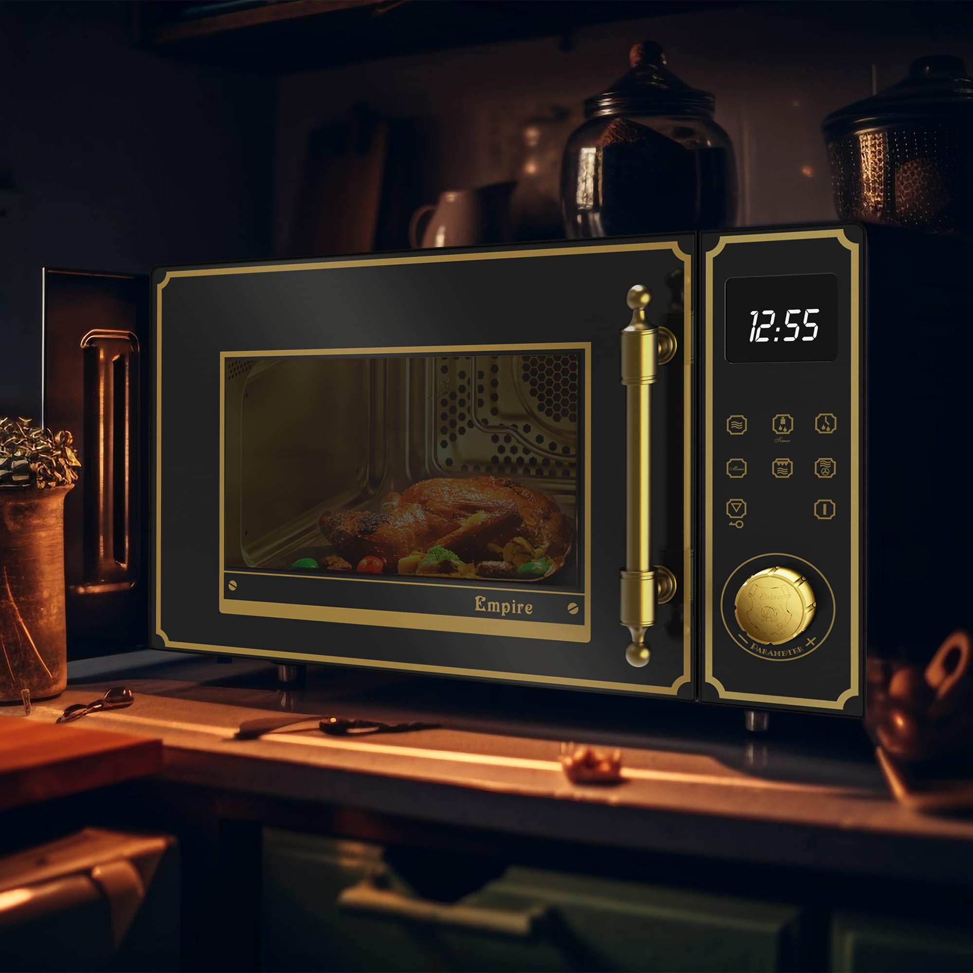 Kaiser Empire M 2530 Four micro-ondes rétro noir 25 l 1200 W barbecue 2200 W chaleur tournant FullTouch verre métal