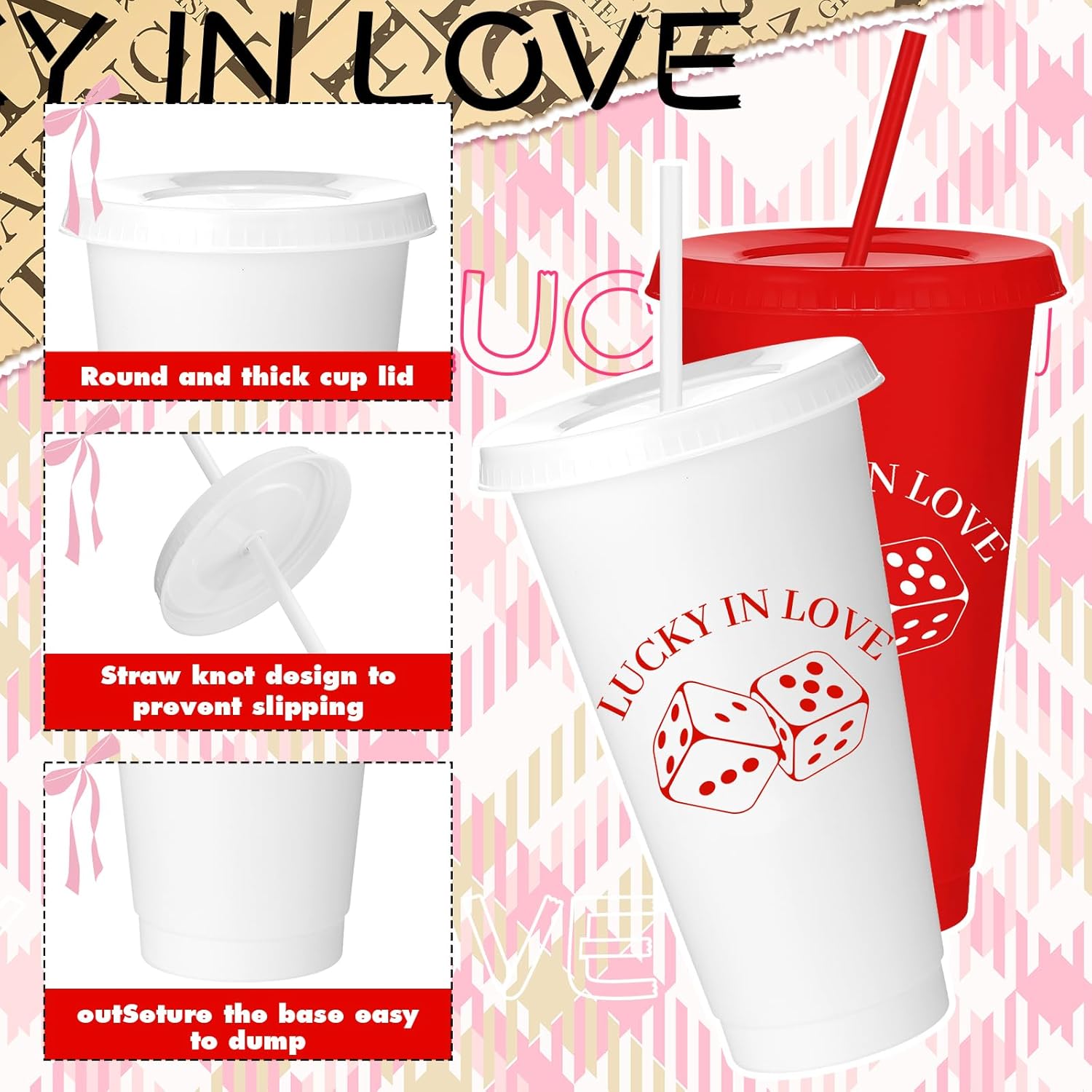 Jingmore 16 Pcs 24 oz Lucky In Love Bachelorette Party Tumbler Cups Bride Bachelorette Cups Reusable Casino Bridal Shower Party Favors Decorations