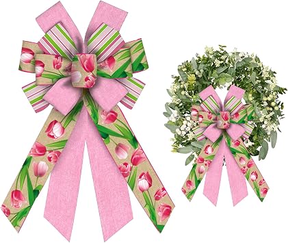 ALIBBON Large Spring Bows for Wreaths, Spring Wreath Bows, Pink Tulip Bows for Front Door, Spring Decor, Spring Flower Burlap Bows for Spring Wreath Indoor Outdoor Decoration