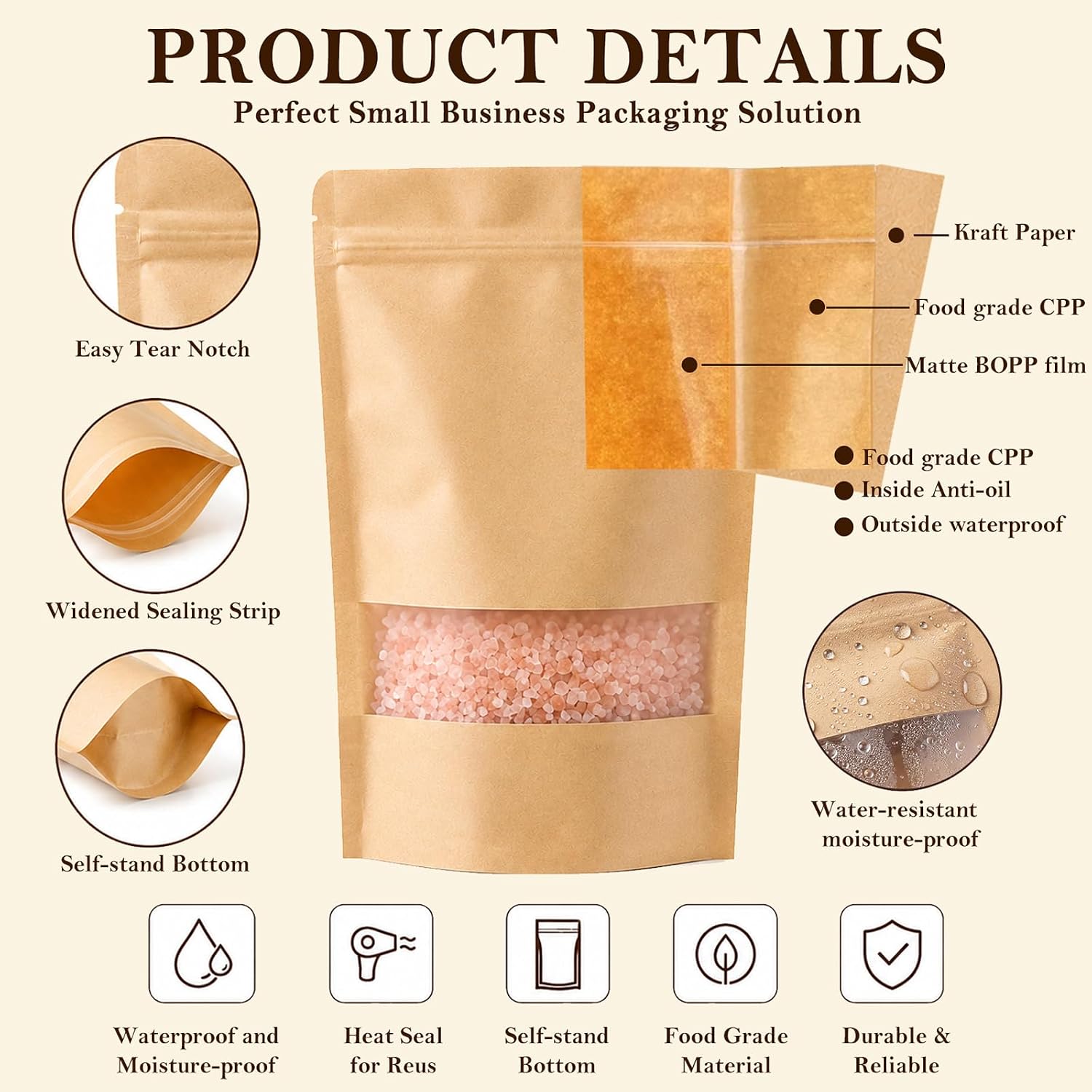Kraft Stand Up Pouches, 50 pack Ziplock Stand Up Pouches for Homemade image 4