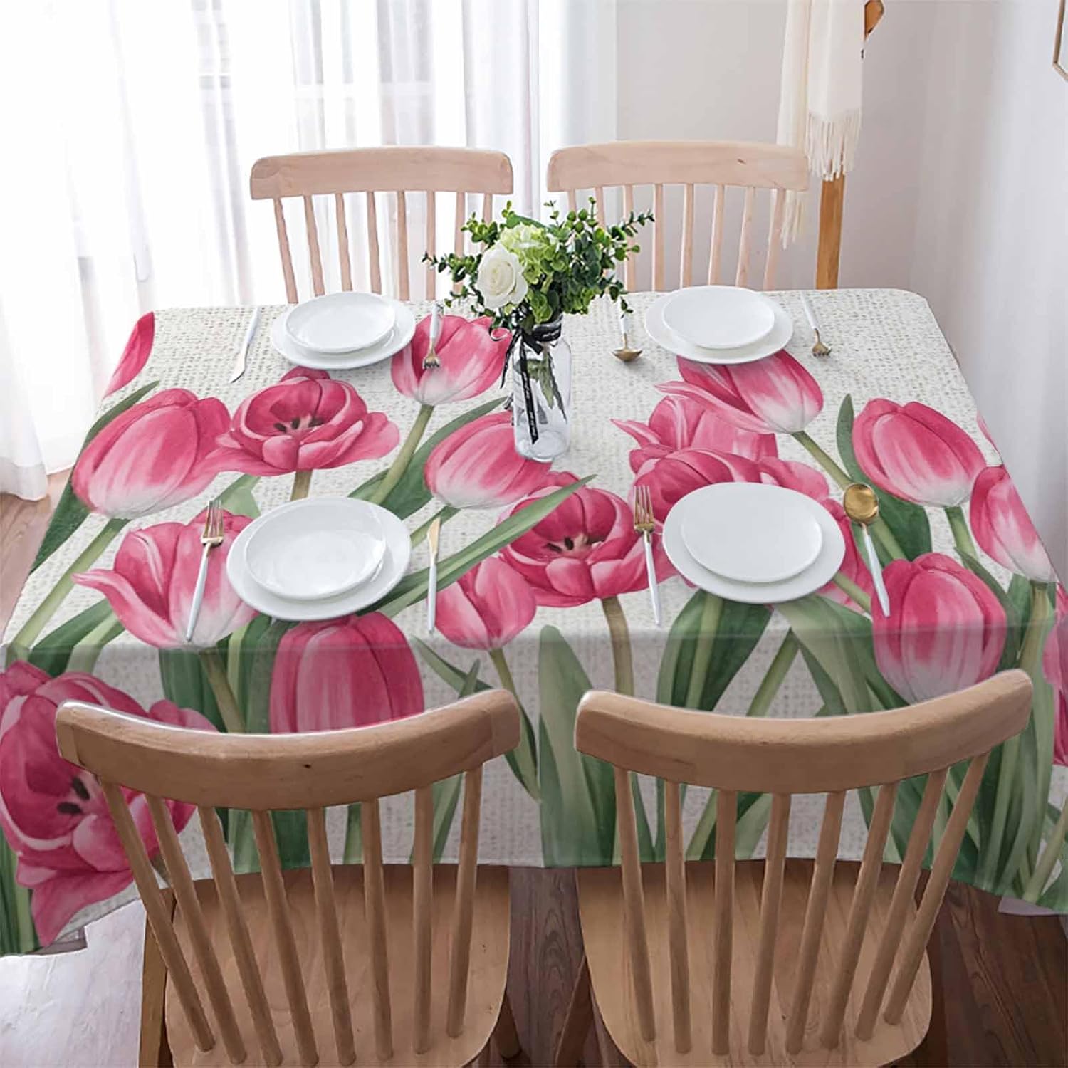 Rectangle Spring Flower Tablecloth Waterproof & Stainproof Tablecloths,Vintage Pink Tulip Country Rustic Floral Wipeable Table Cloth Wrinkle-Free for Round/Rectangle/Oval/Square/Dining/Party,54x108