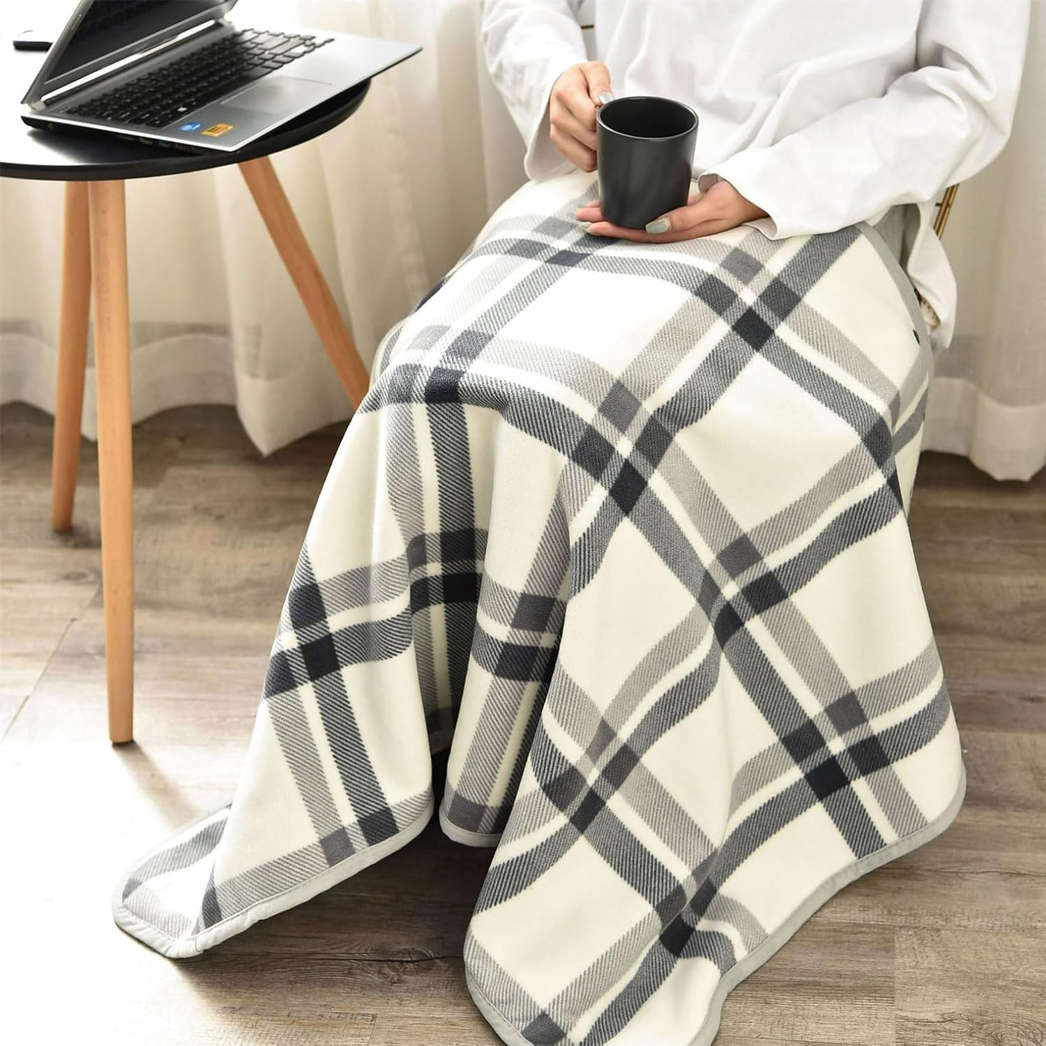 Fleece Wearable Blanket 55 x 39 Shoulder Wrap Blanket for Sofa, Couch (Grey-White) - Image 6