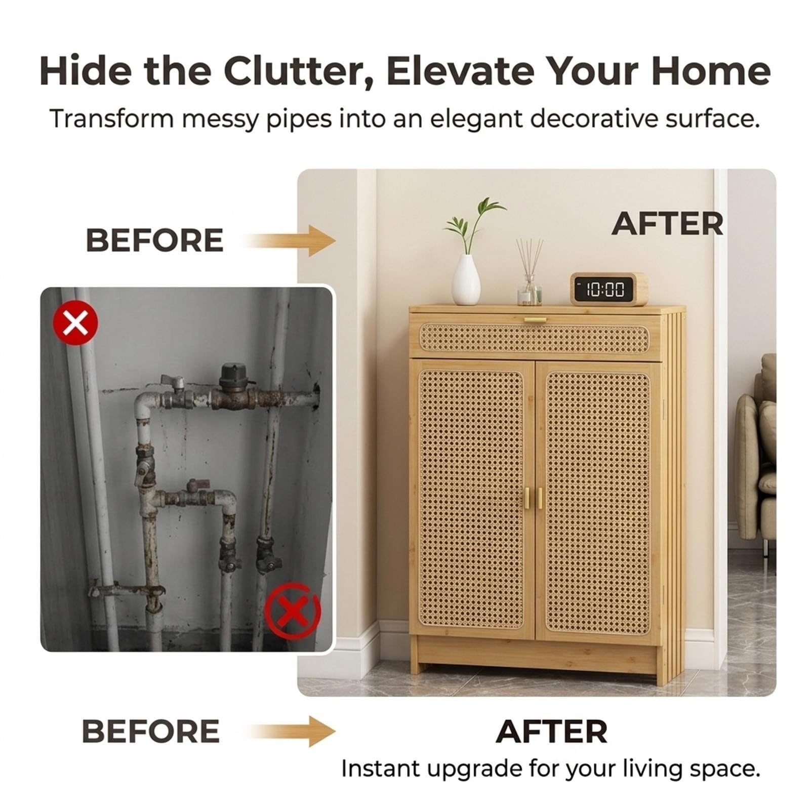 Cubreradiador de Madera con Puertas de Ratán y Cajón Organizador