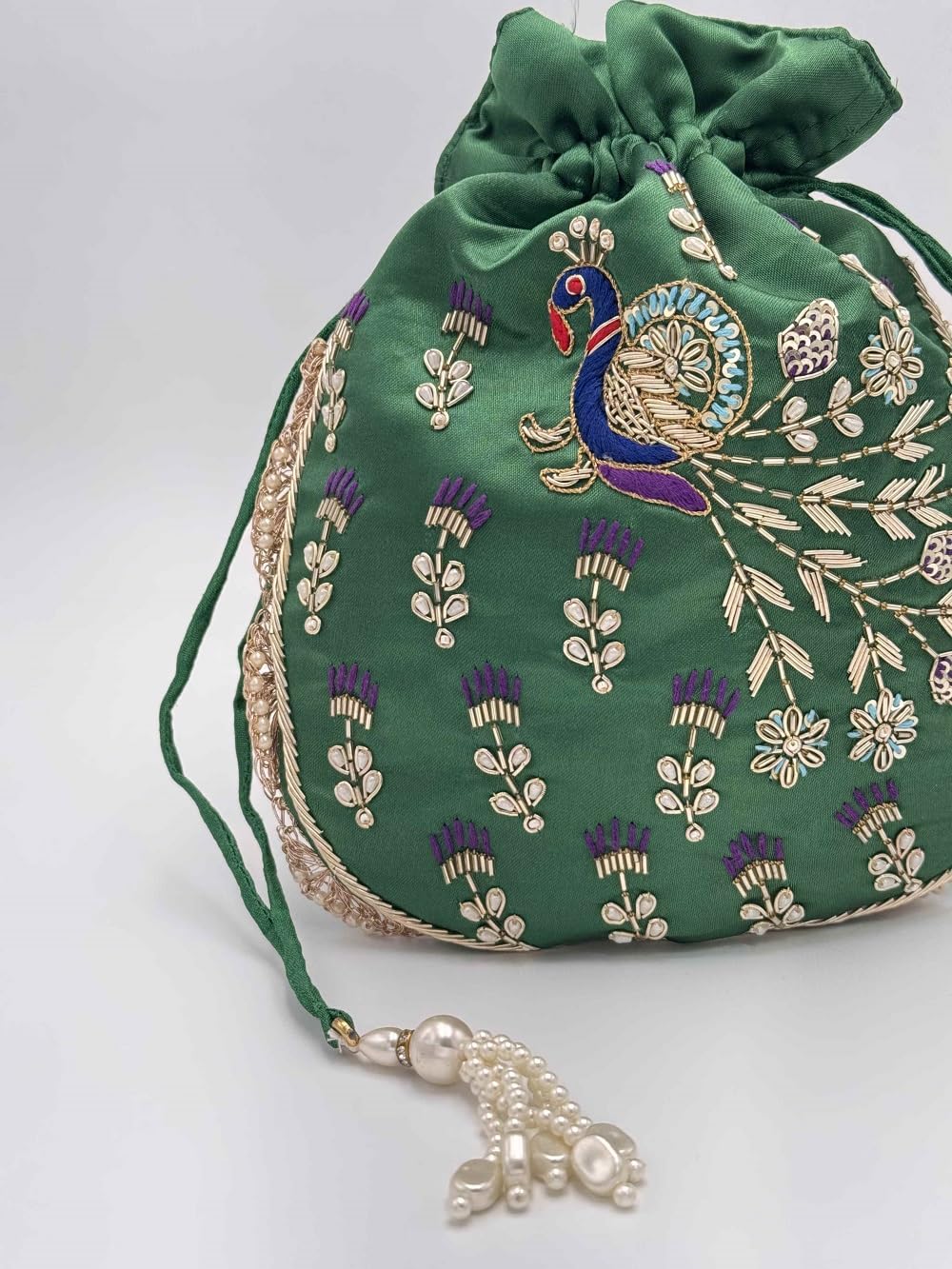 Amayra Luxe Embroidered Peacock Potli Bag for Women & Girls | Designer Batwa Handbag with Beaded Handle & Drawstring Closure | Festive & Wedding Shagun Pouch | Traditional Ethnic Purse (Green) 1