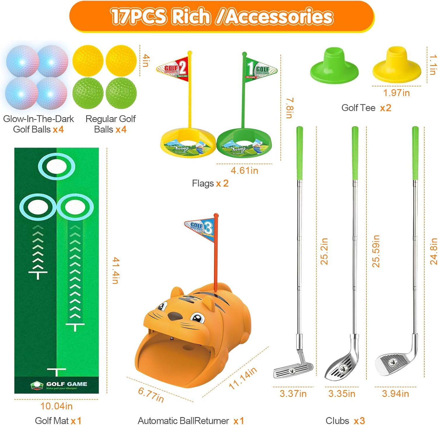 Upgraded Kids Toy Golf Set with Tiger Automatic Returner, Led Light Up Night Golf Balls, 3 Adjustable Golf Club, Putting Mat for 3 4 5 6 7 8 Years Old Boys Girls (Orange) - Image 2