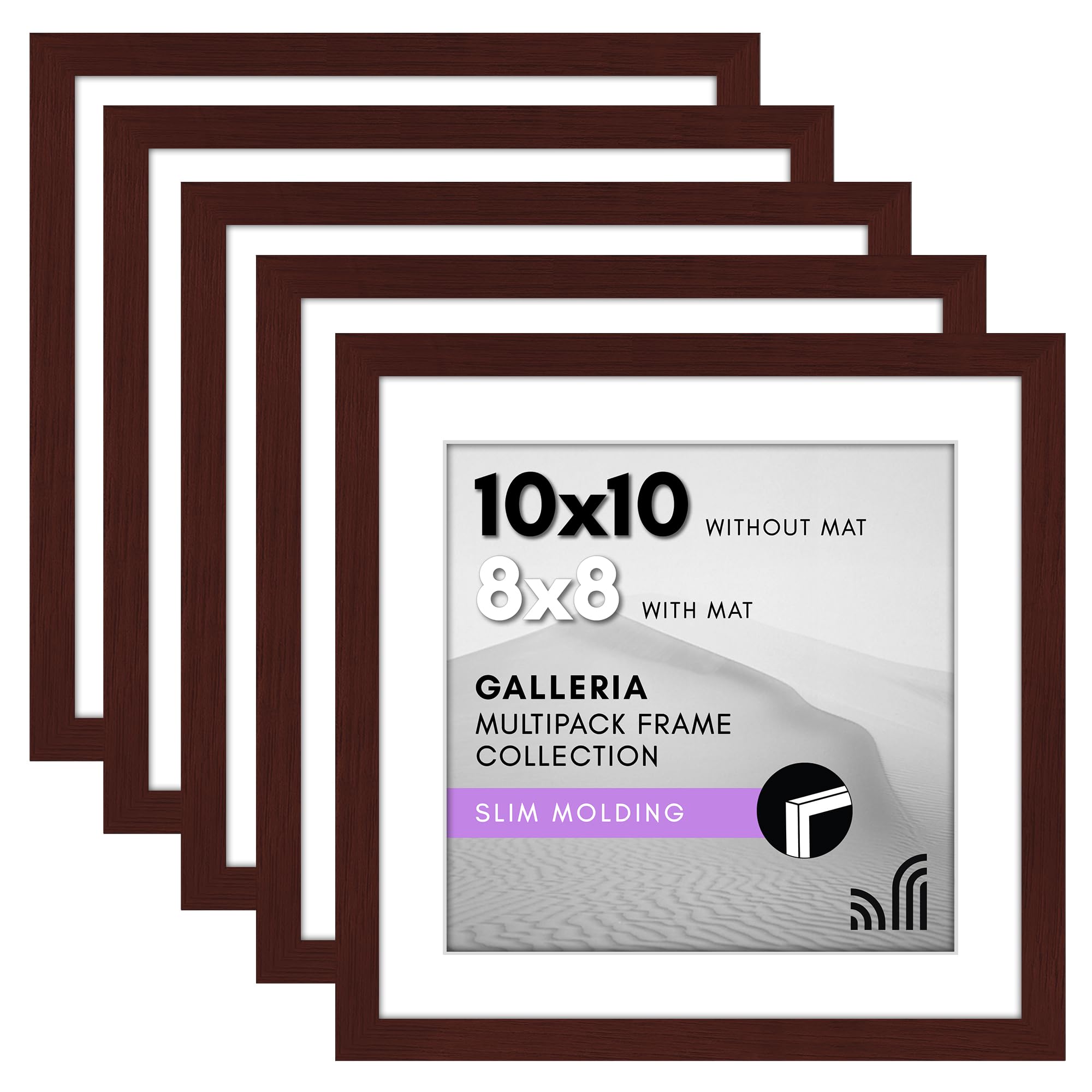 Americanflat 10x10 Picture Frame With Polished Plexiglass - Set of 5 - Use as 8x8 With Mat or 10x10 Without Mat - Galleria Collection - Gallery Frames for Tabletop and Wall - Mahogany