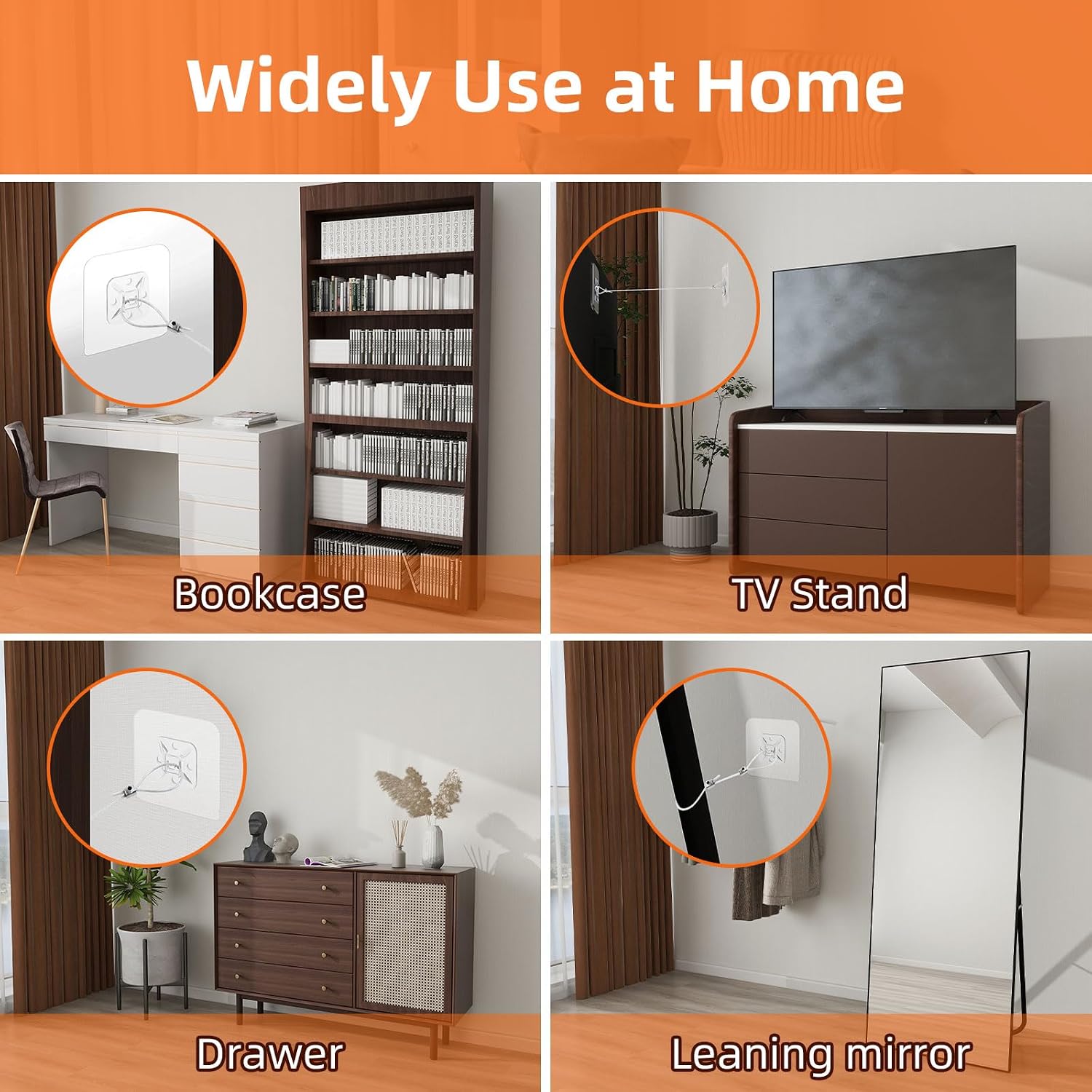 6 Pack Adjustable 42" Metal TV Safety Straps, Vinkqiado No-Drill Adhesive Anti-Tip Furniture Wall Anchors for Baby Proofing, Secure Flat Screens to Wall, Cabinet, Stand Or Desk, Dresser, Bookshelf