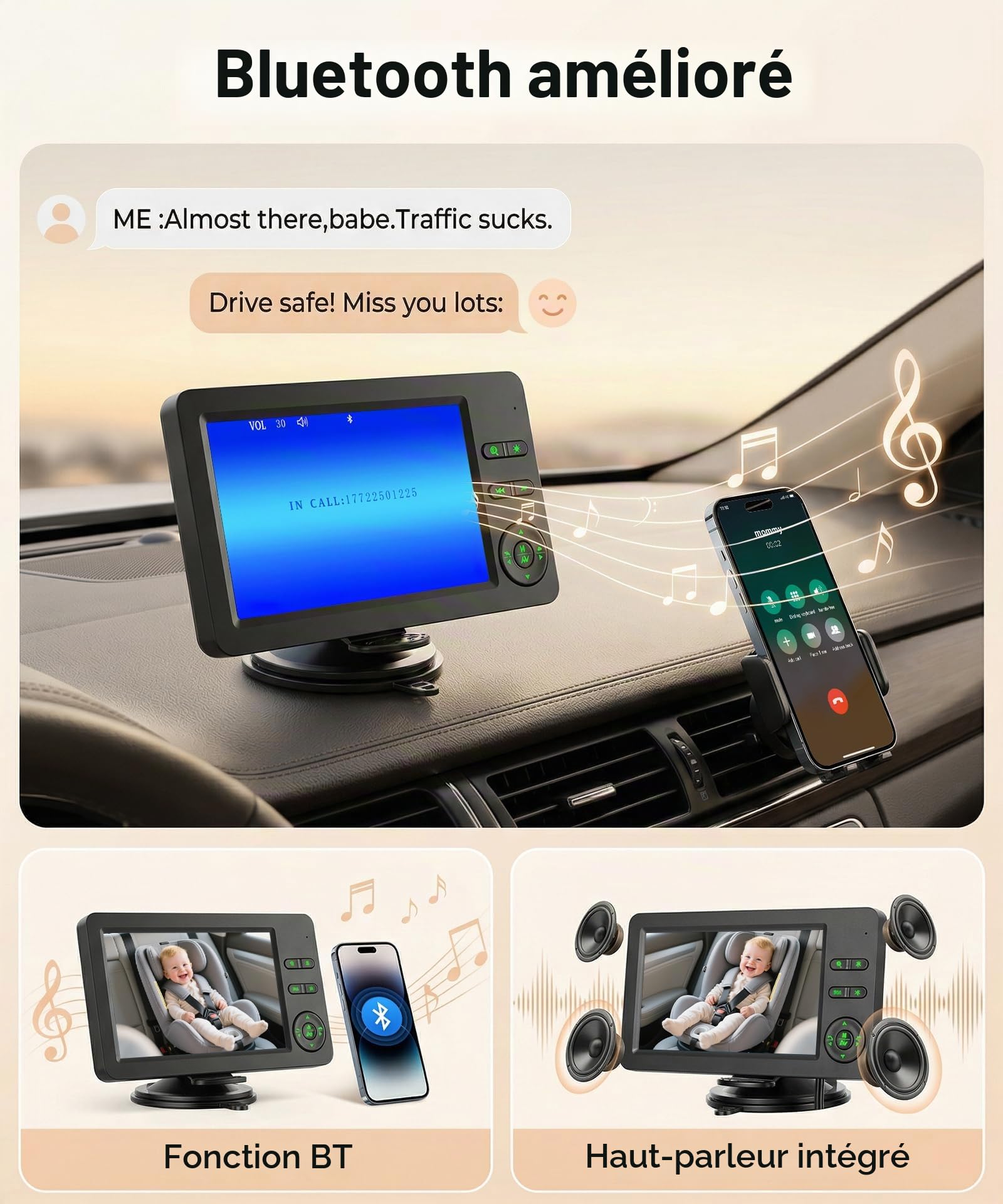 Rimoody Baby Caméra de Voiture pour Siège Arrière, Moniteur Miroir de Vue Arrière Bébé 4,3 Pouces IPS, Retroviseur Voiture Bebe Main Libre Bluetooth & Musique, Vision Nocturne, Lumières Sept Couleurs