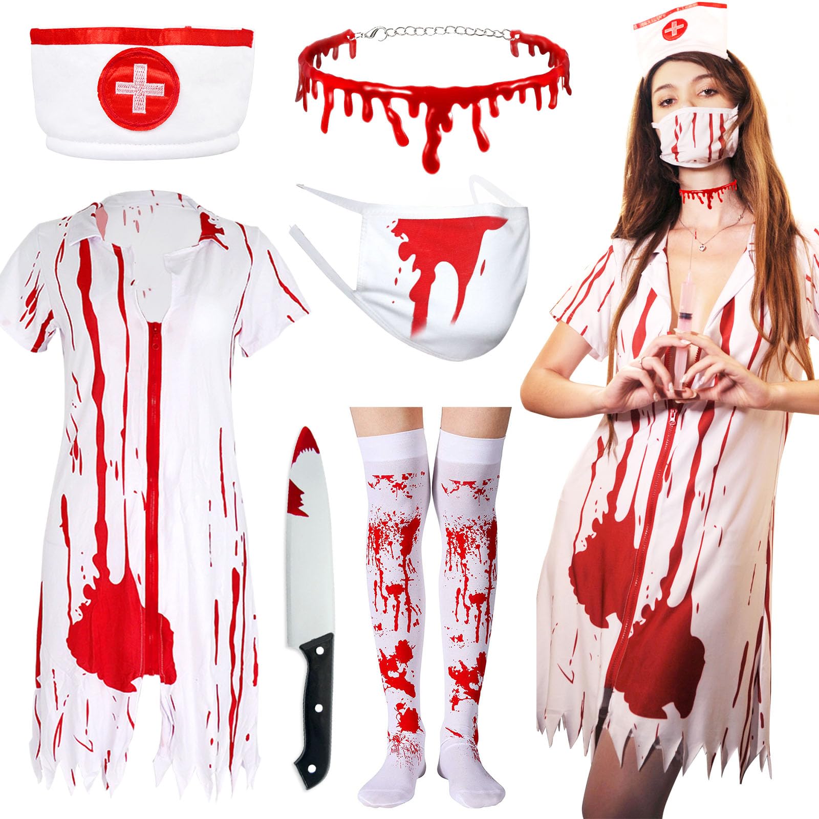 Zombie Nurse Costume for Adult Women - Bloody Halloween Dress Up Outfit With Skirt, Mask, Necklace for Cosplay Party Supplies