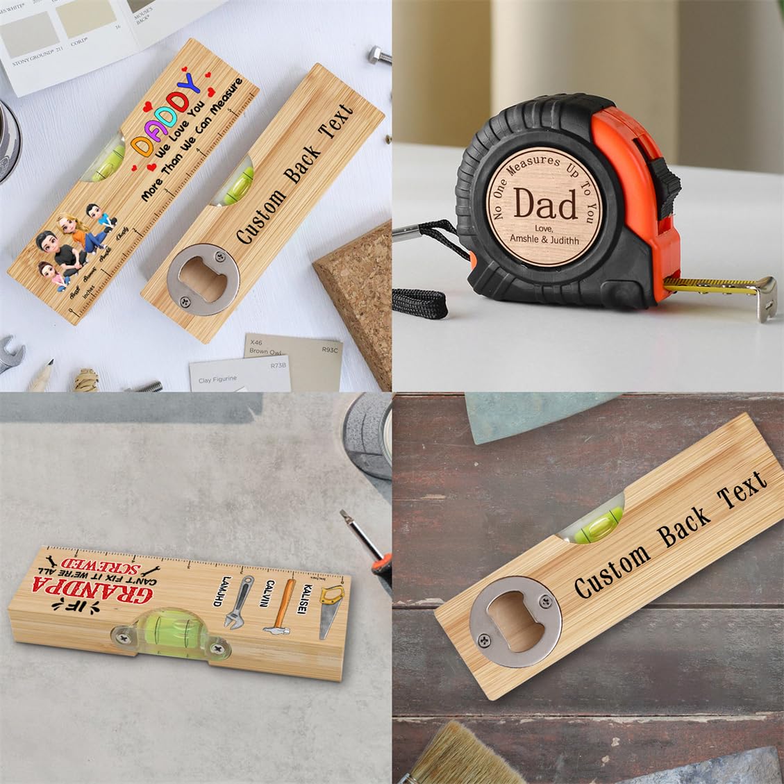 It's Not A Dad BOD It's A Father Figure Personalized Fathers Day Wooden Spirit Level Bottle Opener with Daddy Face Custom Engraved Tape Measure for Dad No One Measures Up to You Measuring Tape