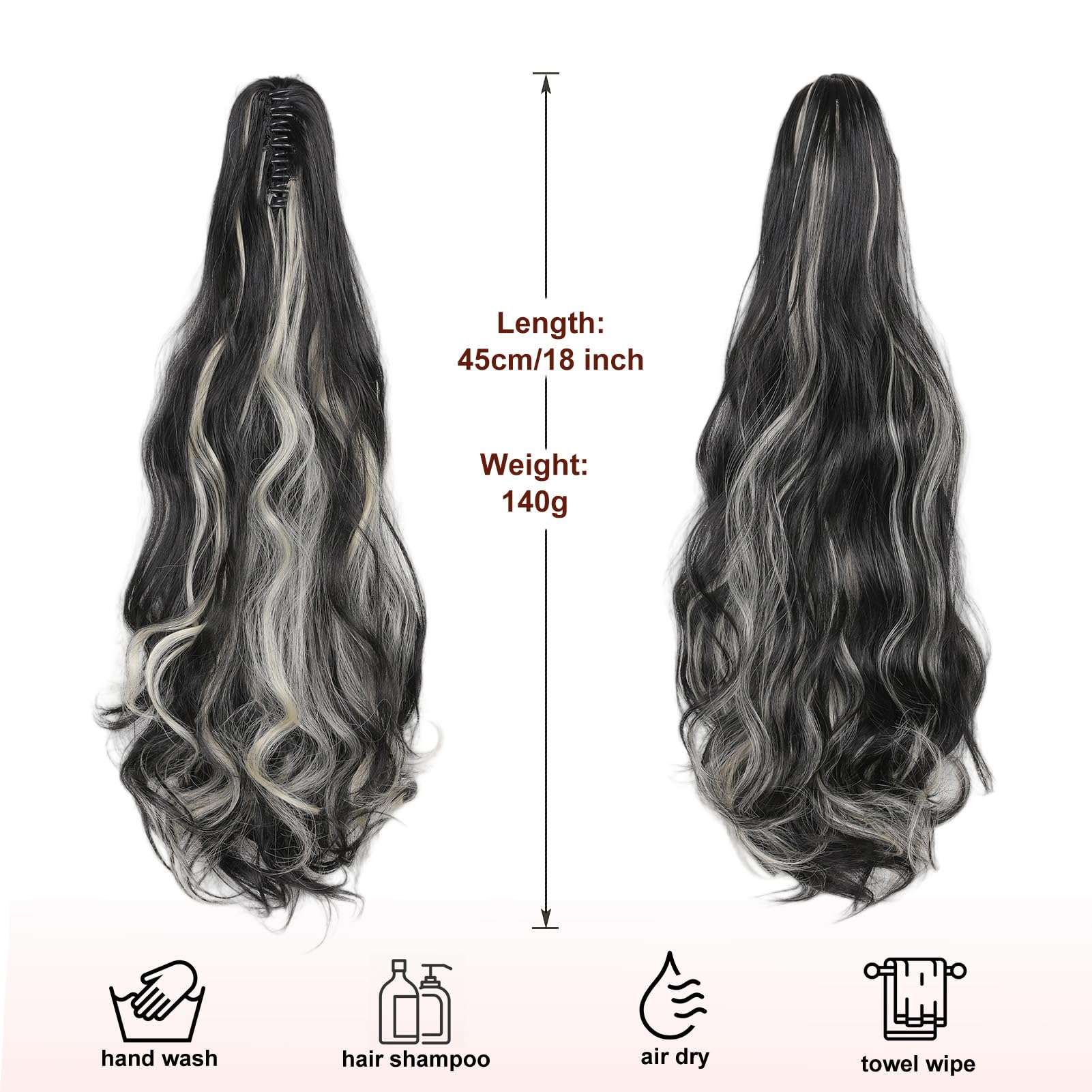 Dcbaboo Ponytail Extension Curly 18inch Claw Clip in Ponytail Hair Extensions Long Wavy Synthetic Pony tails Natural Wave One Piece Hairpiece Fake Ponytail for Women Natural Black & Bleach Blonde - Image 3
