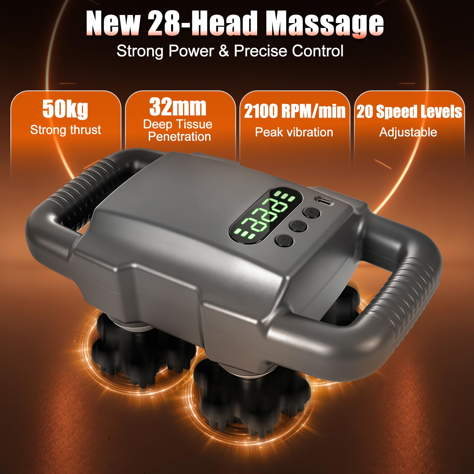 Pistolet de Massage à 28 têtes Portable, 6 Modes et 20 Vitesses, Pistolet de Massage Musculaire Rechargeable, Appareil de Massage pour Cervicales Pieds dos Jambe, Détendre les Muscles