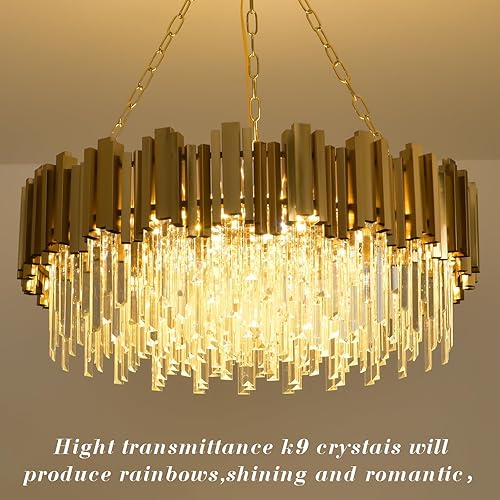 Miniatura 8 de Moderno candelabro de cristal dorado colgante de techo con 12 luces, candelabros redondos de cristal para comedor, lámpara colgante de cristal, para