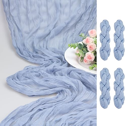 Paquete de 4 caminos de mesa de estopilla de 13 pies, estilo bohemio, de gasa rústica, color azul polvoriento, de 35 x 160 pulgadas de largo para