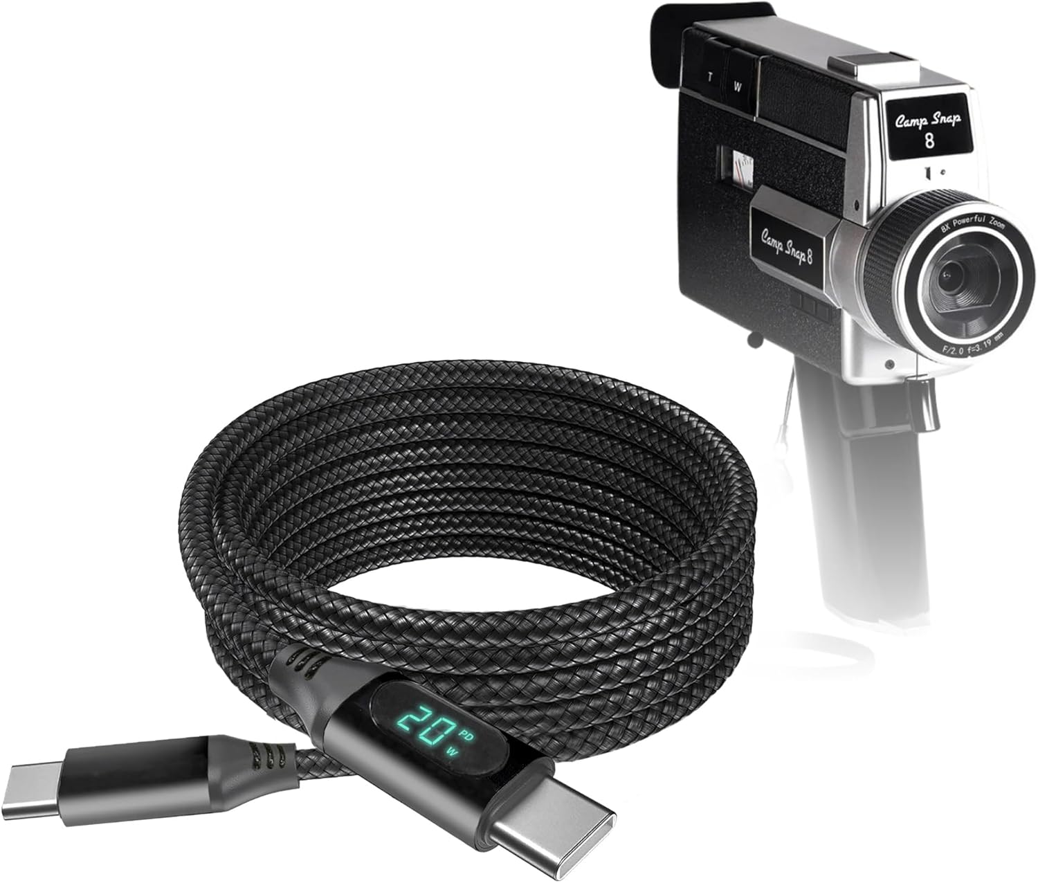 BoxWave Cable Compatible with Camp Snap CS-8 Digital Video Recorder - PowerDisplay PD Cable (6ft) - USB-C to USB-C (100W), LED Wattage Info Extra Long Braided Nylon - Jet Black