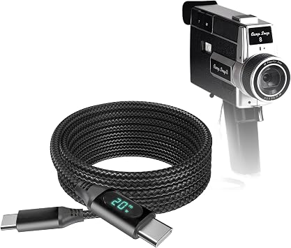 BoxWave Cable Compatible with Camp Snap CS-8 Digital Video Recorder - PowerDisplay PD Cable 6ft - USB-C to USB-C 100W, LED Wattage Info Extra Long Braided Nylon - Jet Black