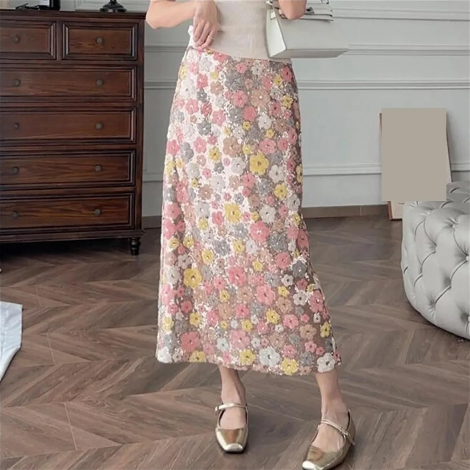 Falda Midi con Lentejuelas y Flores, Cintura Alta, Bordada, Floral, Corte A, Ropa de Verano for Mujer