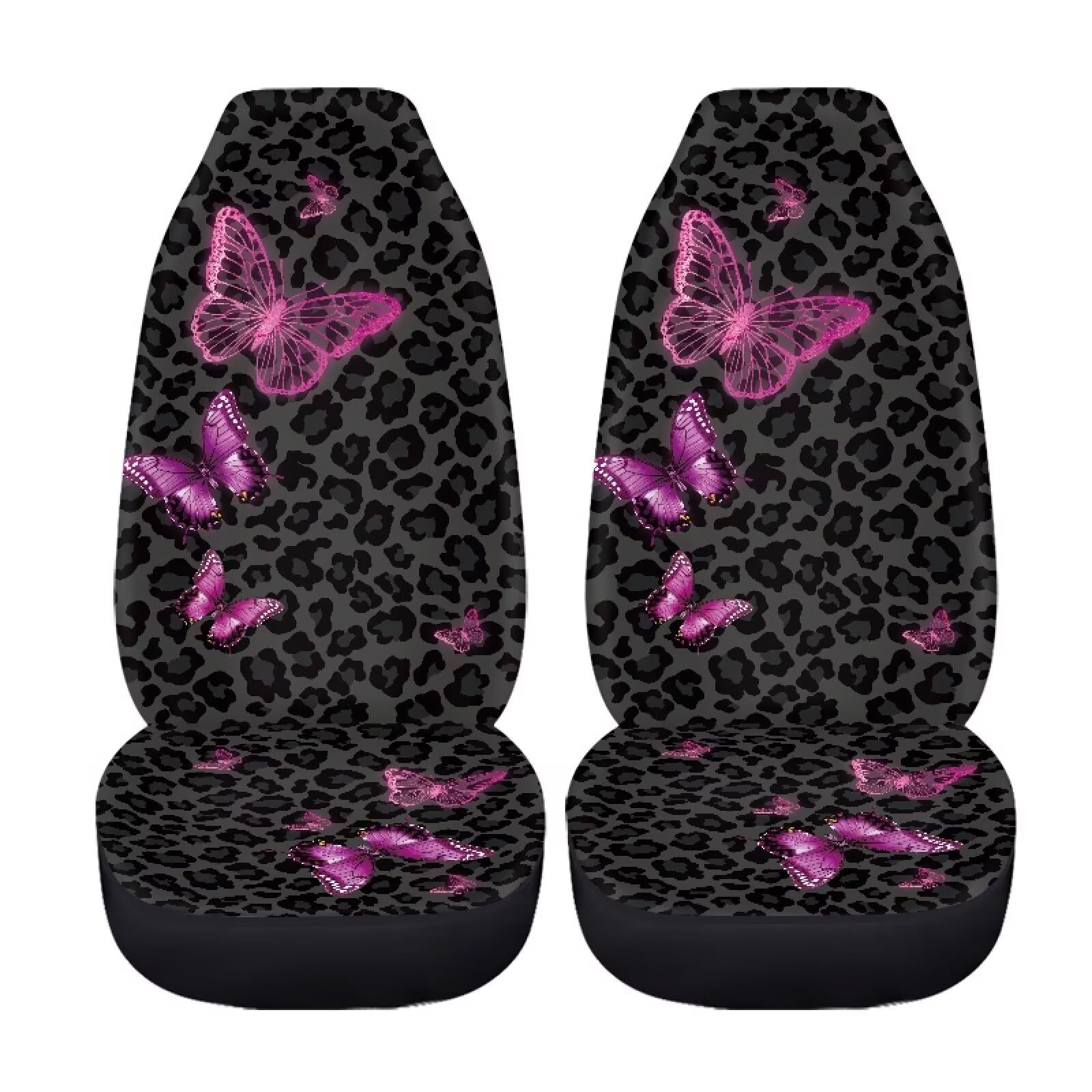 Xoenoiee Butterfly Black Leopard Pattern Car Seat Cover Front Seats Only Full Set of 2, Cheetah Universal Bucket High Back Car Front Seat Covers