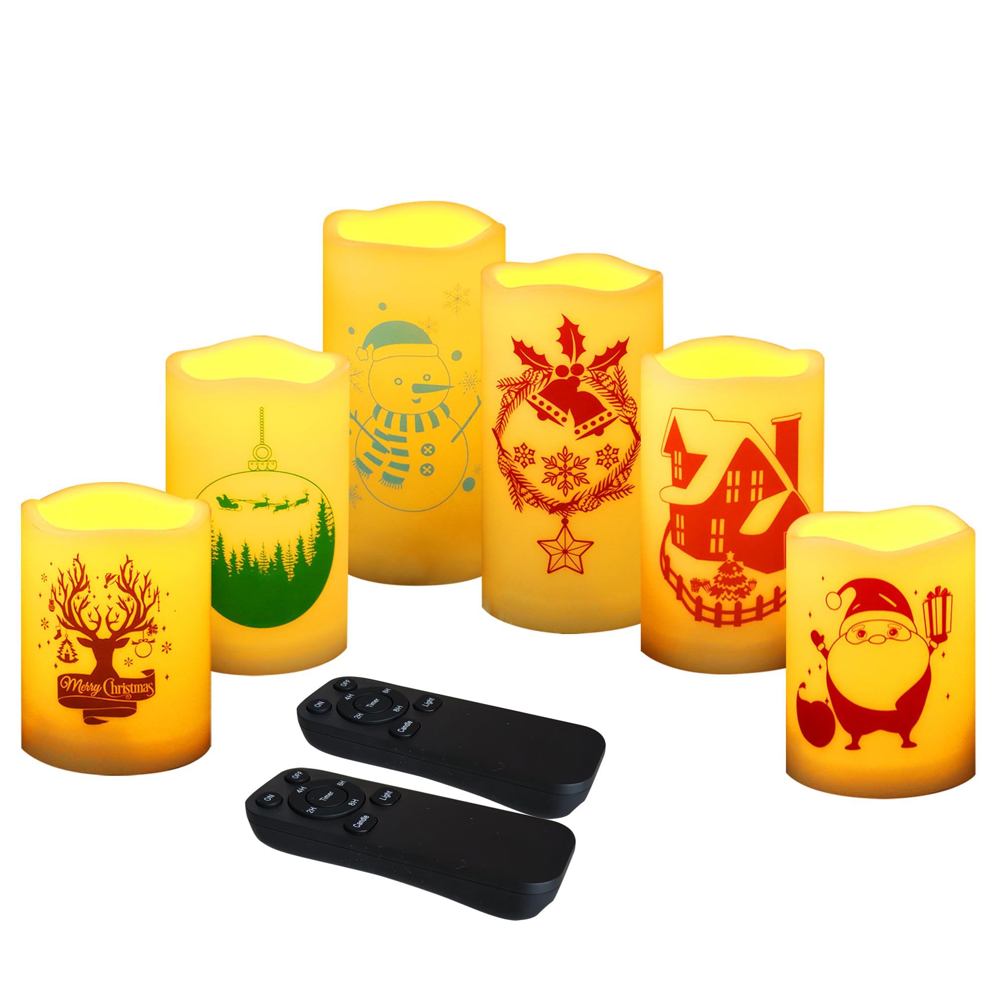 CANDLE CHOICE Waterproof Outdoor Christmas Battery Operated Flameless Candles with Remote Auto Timer Realistic Flickering Electric LED Pillar Lights with Christmas Decals for Xmas Decorations 6 Pack