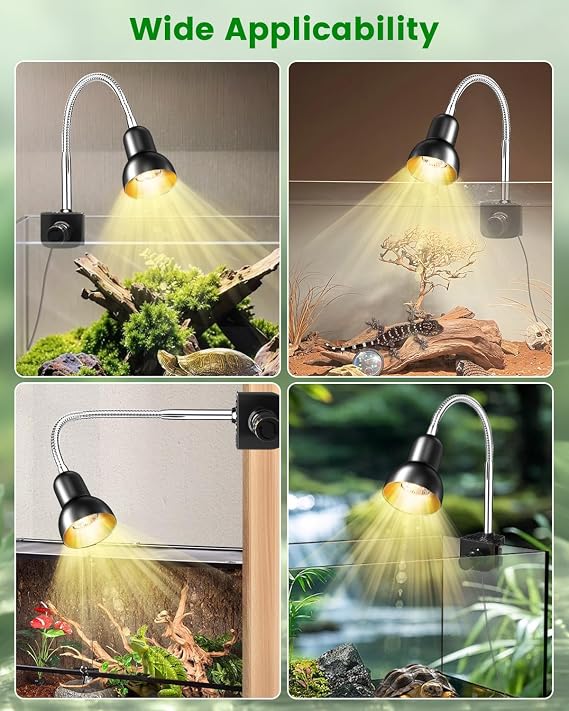 GlowUp Reptile Heat Lamp, Tortoise Heat Lamp with 2 * Basking Bulb, 360° Swivel Clamp Stand, E27 Basking Light for Reptiles Lizard, Turtle, Snake, Chameleon