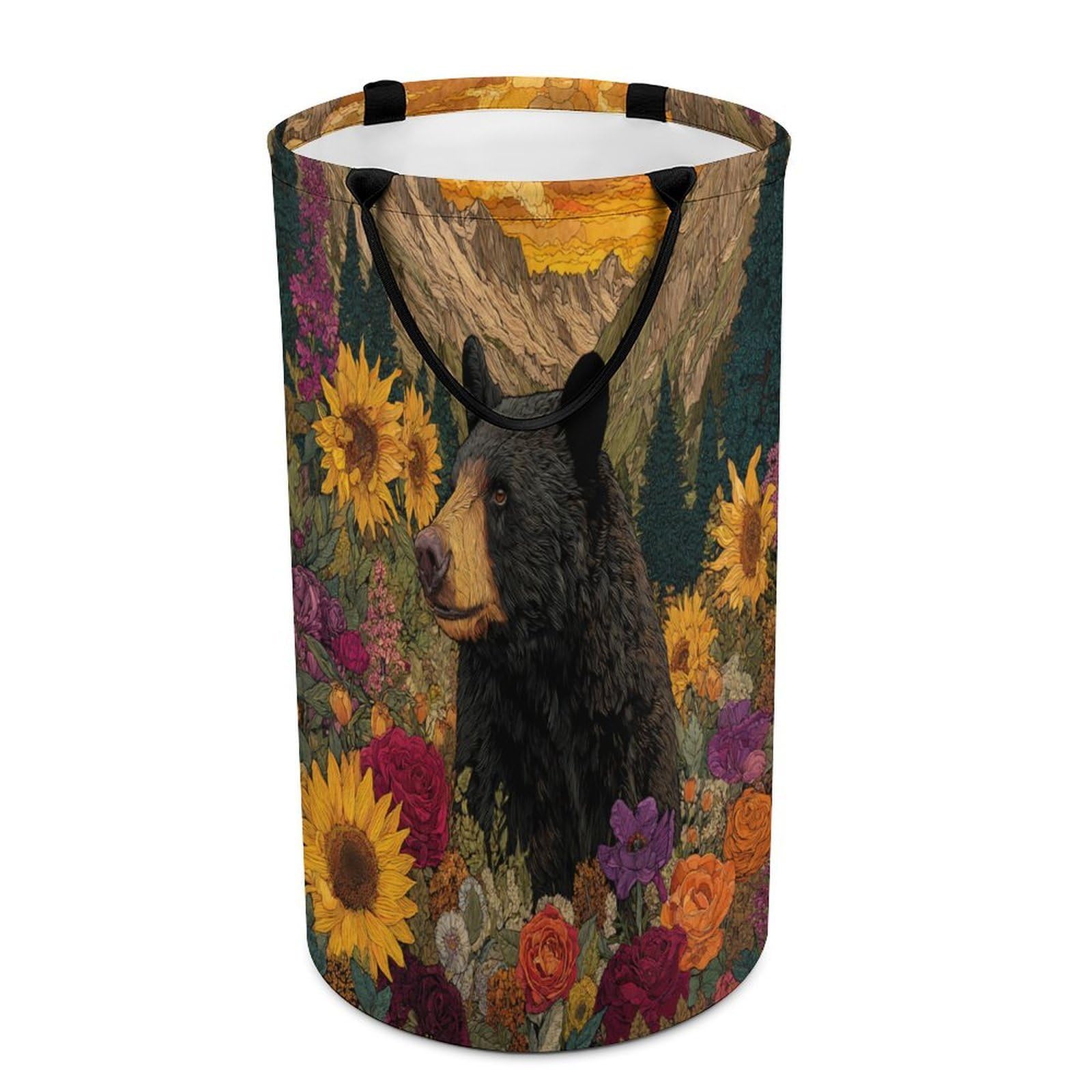 LUYYSKY Classic Rustic Black Bear Collapsible Dirty Clothes Basket, Retro Abstract Autumn Sunset Plants Sunflowers Flowers Animal Bears Portable Clothes Storage Basket
