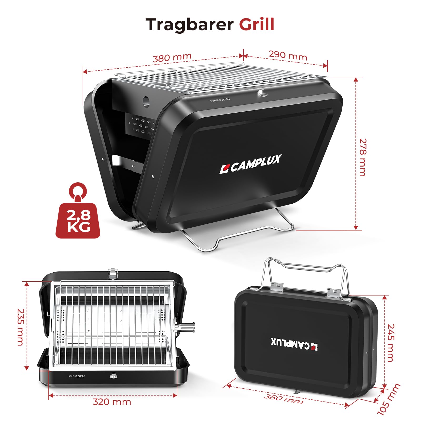 CAMPLUX Tragbarer 2-in-1 Koffergrill, Gas- und Holzkohle-Campingkocher mit 32 x 23,5 cm Rost, klappbar kompakt für Camping, Rucksackreisen, Balkon & Reisen, FoldGo FG16GB