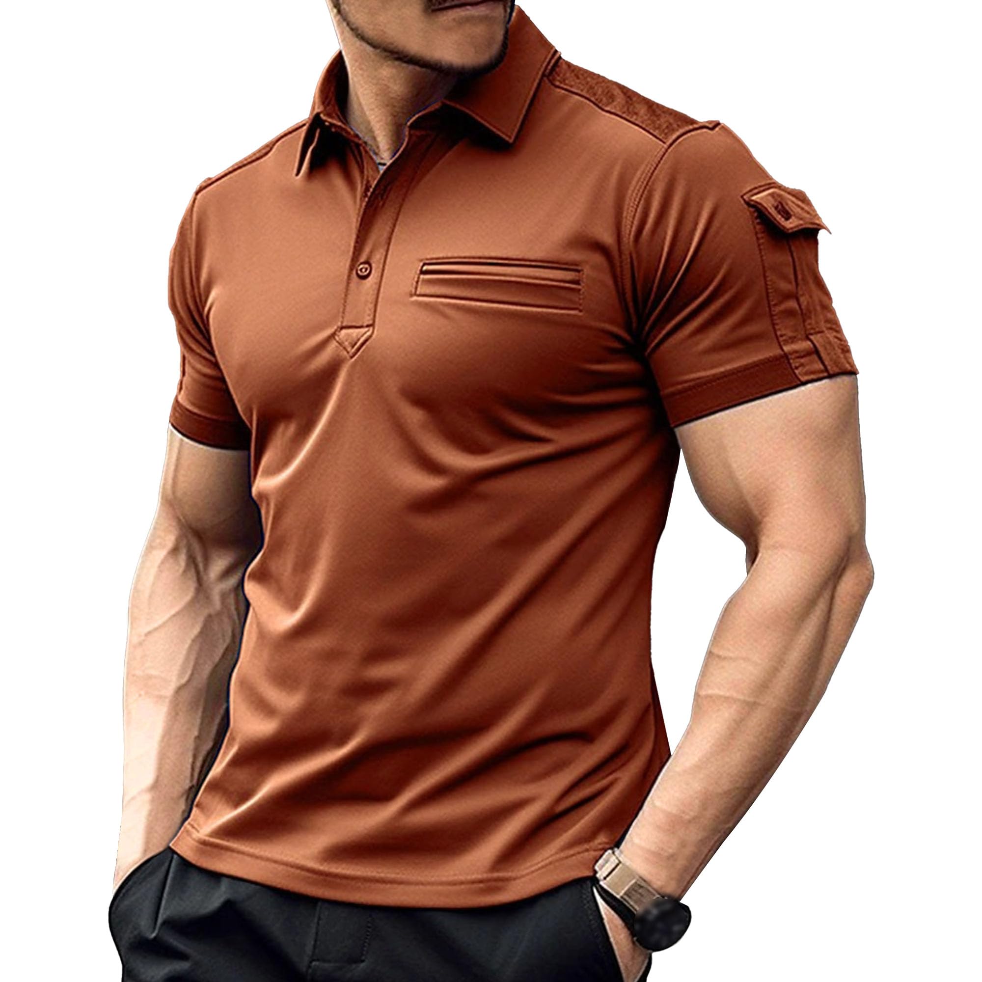 Men's Casual Exercise Polo Shirt Fake Pocket Slim Fit Design Muscle Shirt Summer Golf Sports Lapel Pullover Tops (Orange,Small)