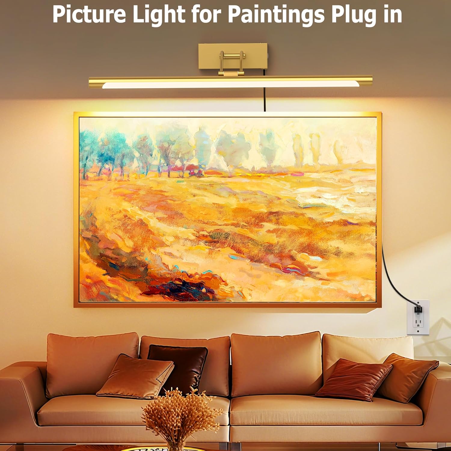 Plug in Picture Light for Wall Mural Art Light with On/Off Switch, 3000K Warm White Brightness Adjustable Gallery Painting Lights for Picture Display Dartboard Art Work (Brush Gold, 24inch)