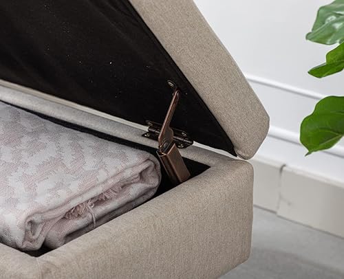 Miniatura 7 de Banco de entrada, moderno banco otomano tapizado con tapa abatible de tela de lino, banco otomano con marco de madera/estante para sala de estar,