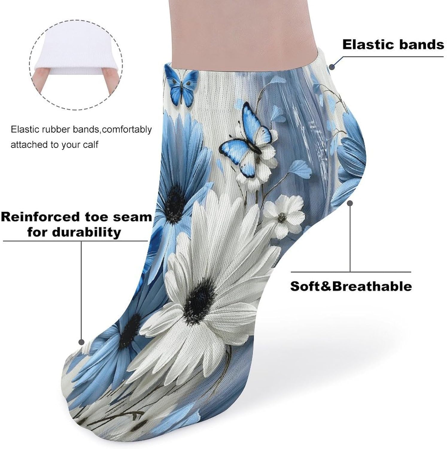 Blue And White Daisies And Butterflies 5Pairs Low Cut Ankle Socks for Women No Show Casual Breathable Athletic Socks for Sport