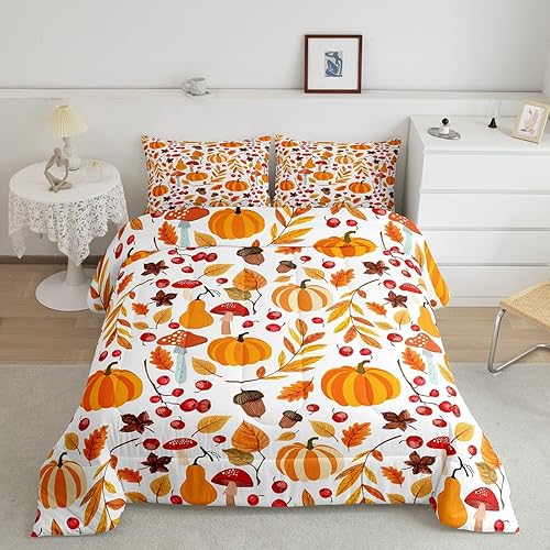 Erosebridal Juego de edredón de otoño con diseño de hojas de arce y calabaza, tamaño King, juego de ropa de cama para temporada de otoño, con