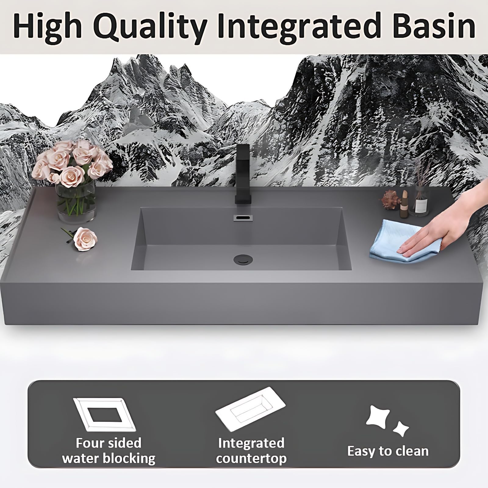 Set da bagno con lavandino e specchio a LED, armadietto in legno massiccio da 91,4 cm, 2 ante, funzione di smorzamento e ingrandimento per riporre oggetti eleganti e decorazioni moderne