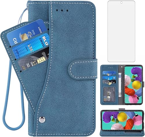 Asuwish Compatible con Samsung Galaxy A51 5G/A 51 5G UW Verizon - Funda tipo cartera y protector de pantalla de vidrio templado con cordón, soporte