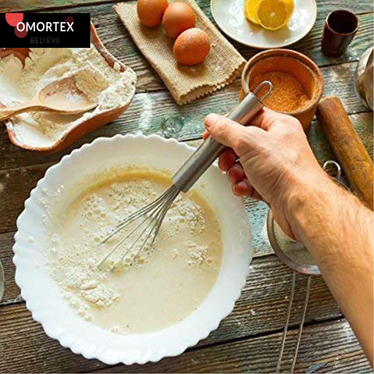 OMORTEX Daily Kitchen Use Combo Kitchen Tool Set Pack of 5 Powerfree Hand Blender Stainless Steel Bhaji Masher Whisk Spatula and Cleaning Brush Multipurpose Cooking Accessories 2