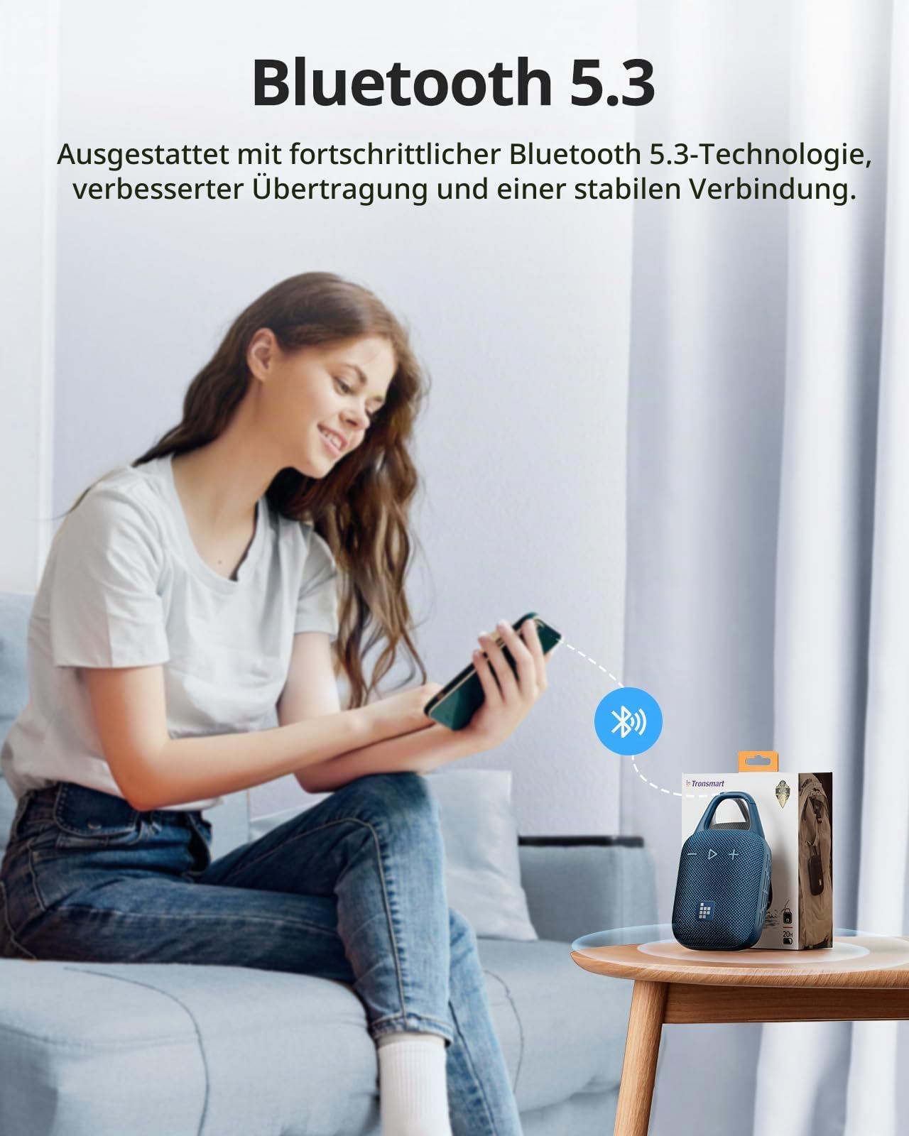 Tronsmart Mirtune H1 Tragbare Outdoor Bluetooth Lautsprecher Musikbox, 20 Stunden Spielzeit, lauter Klang und kraftvoller Bass, integrierter Karabiner, IPX7, anpassbarer EQ, Bluetooth 5.3 (Blue)