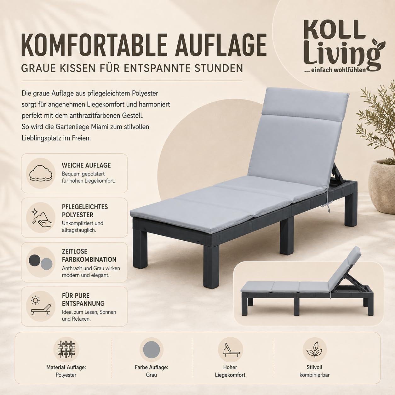 Koll Living Gartenliege Miami | Sonnenliege Kunststoff Anthrazit/Grau | 187 x 60 x 29 cm | belastbar bis 120 kg Liegestuhl wetterfest & pflegeleicht