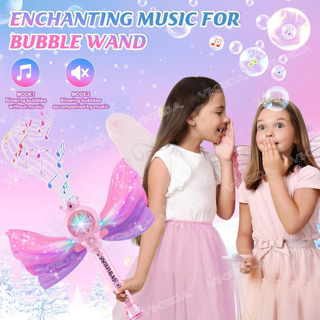 VikriDA Bubble Wands for Kids with LED Light & Music - 1 Bubble Solution Bottle - for Indoor Outdoor Birthday Party Celebration