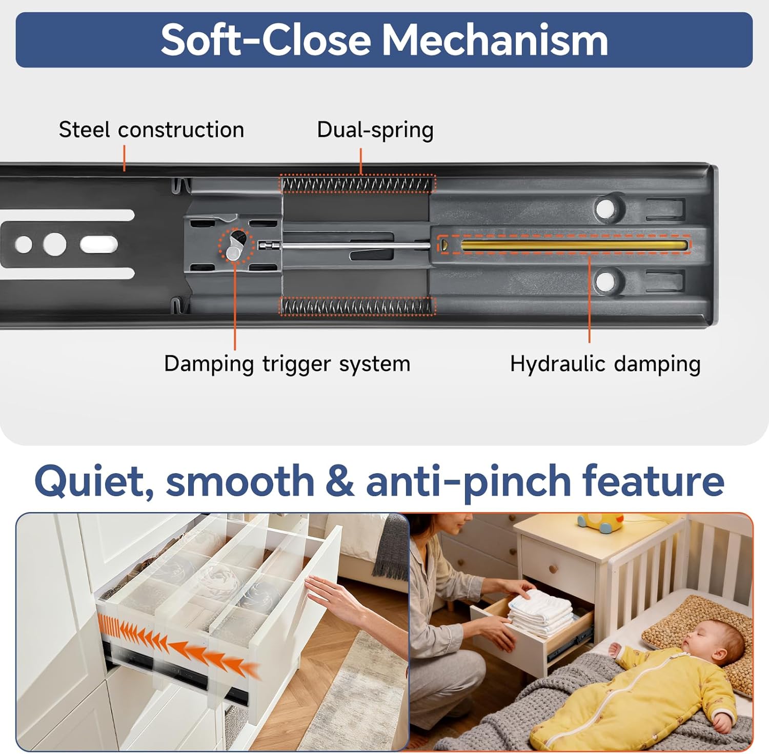 ToBeGreat 1 Pair 400mm Full Extension Soft Close Self Closing Drawer Runners 45kg Load Capacity Kitchen Drawer Runners (Black)