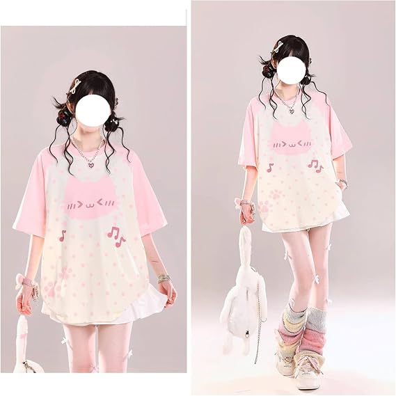Summer Tops for Teens Cutecore Clothes Womens Japanese Kawaii Cat Graphic Tees Funny Oversized Casual T Shirts