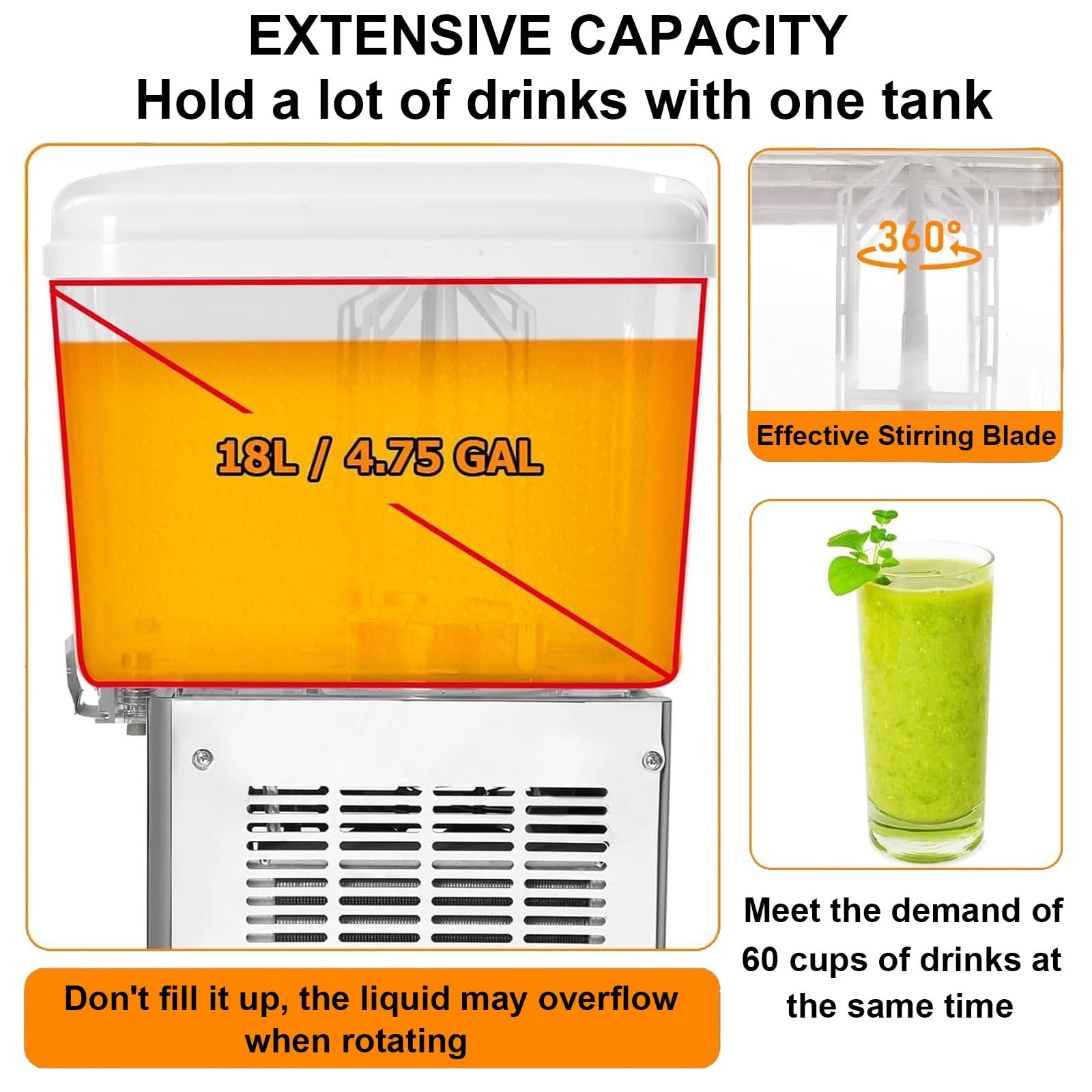 Dispensador de bebidas, dispensador de jugo refrigerado de acero inoxidable de 18 L para restaurantes, barras de jugo, uso doméstico, 280 W