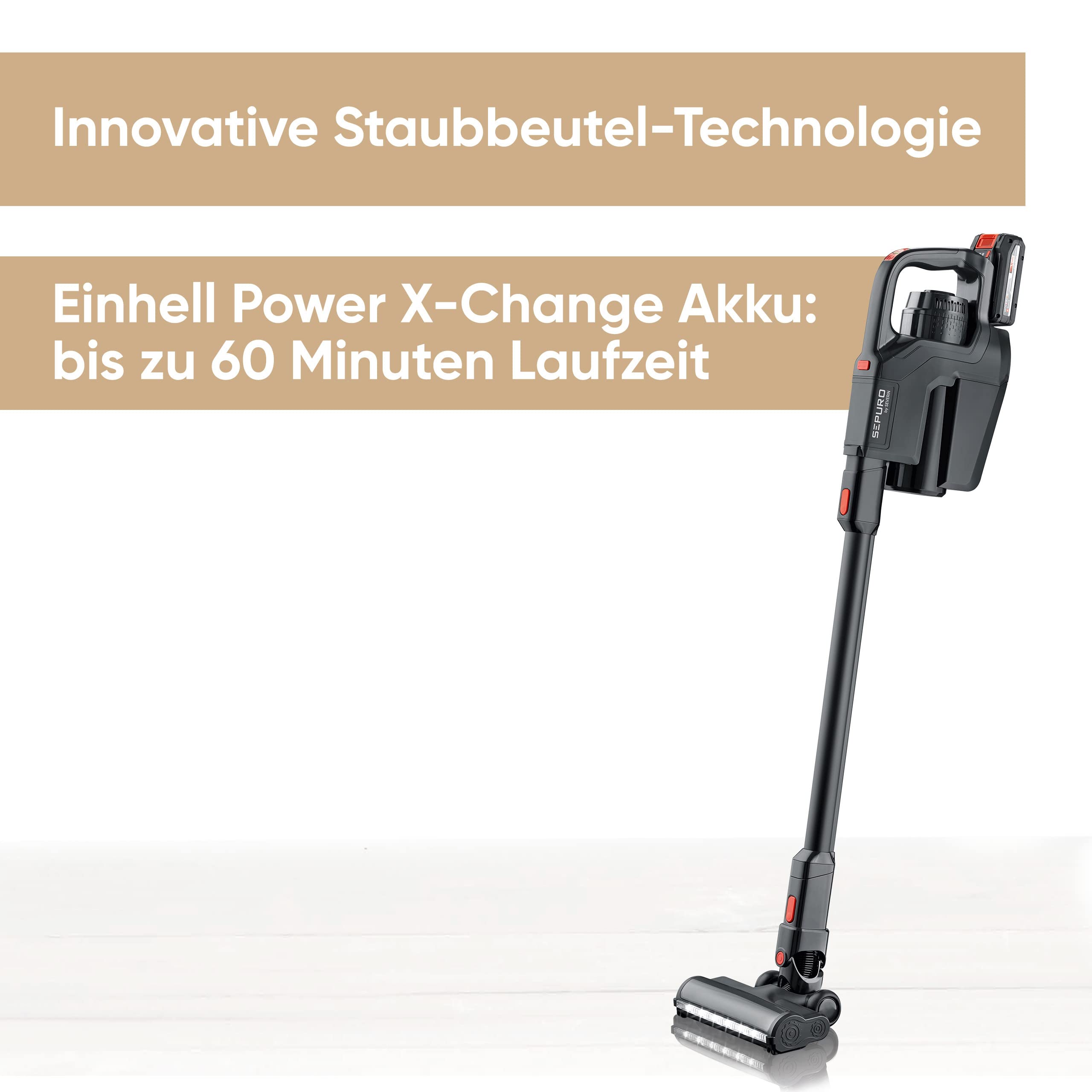 SEVERIN SEPURO Pro Akku Stiel- und Handstaubsauger mit innovativer Staubbeutel-Technologie und Einhell Power Akku, kabelloser Staubsauger, HV 7187