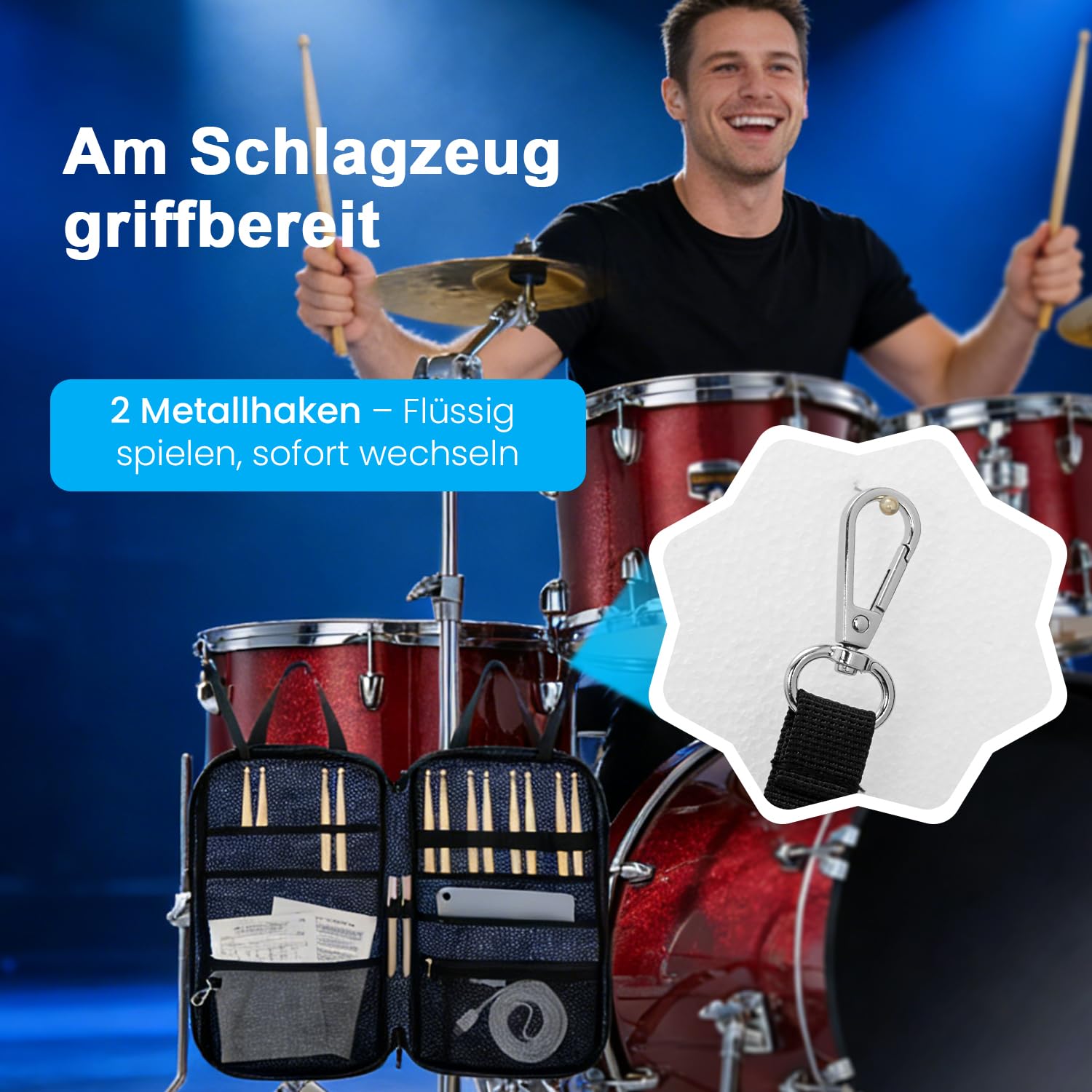 Drumsticktasche mit Aufhängehaken, Drumstick-Bag mit verstellbarem Schultergurt, Schlägelhalter für Drumsticks, Besen und Notenblätter, für Drummer und Anfänger bei Gig, Übung und Probe, nur Tasche