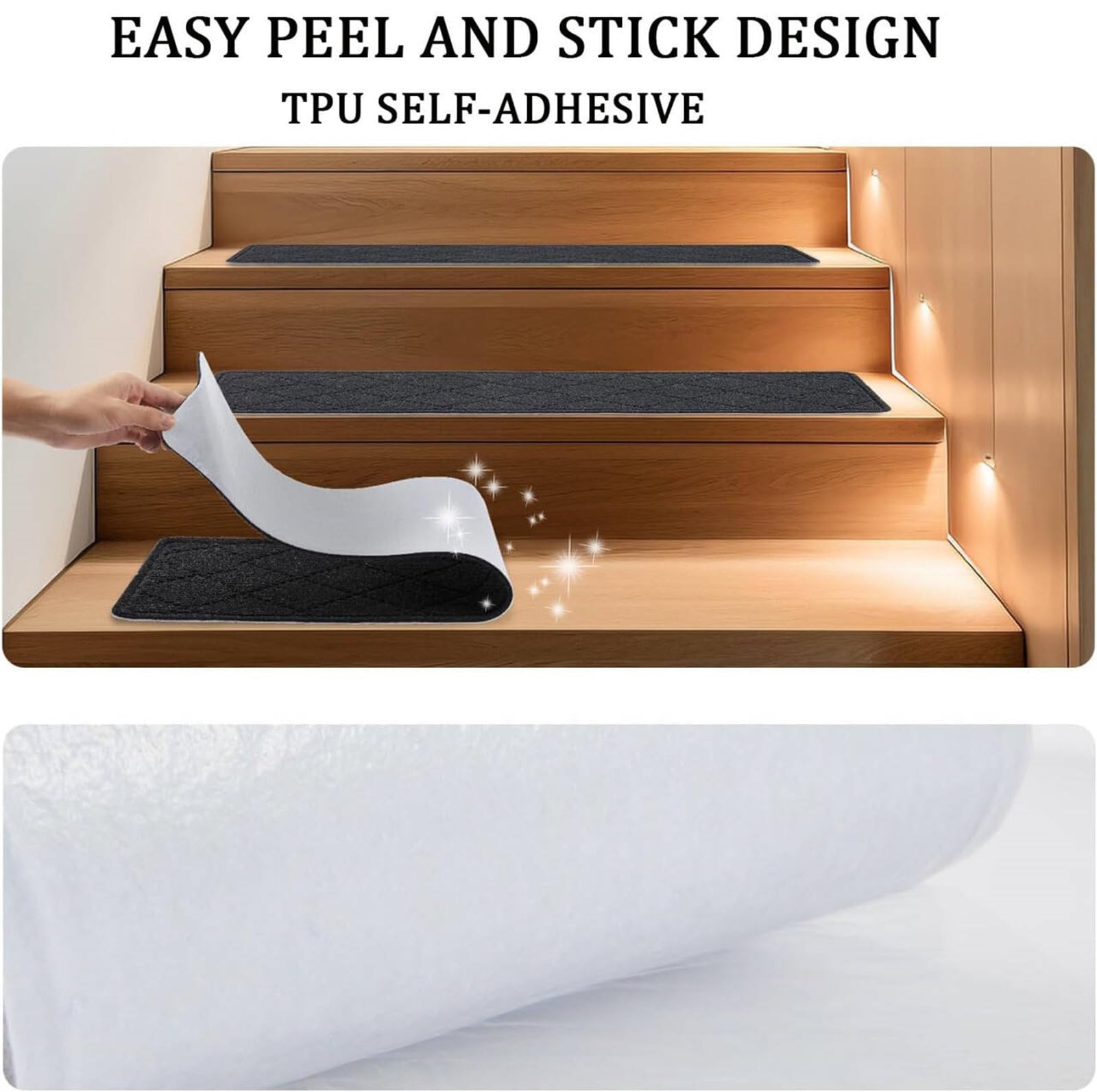 Odot Tapis Escalier, Tapis Gaufrage Escalier Antidérapant, Muet Moquette Escalier Lavable en Machine, Marchettes d'Escalier Auto-Adhésif, pour Enfants, Aînés Animaux (15 pièces,Noir 1)