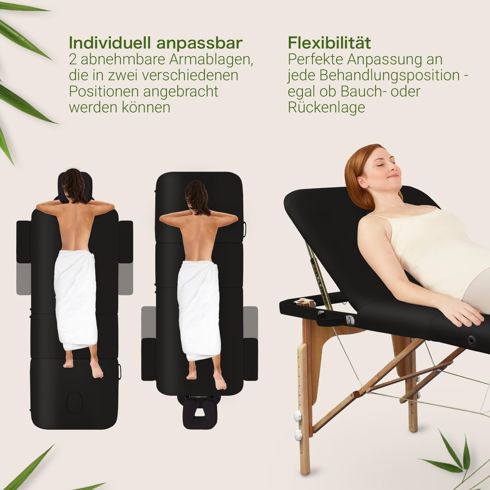 MASSUNDA – Mobile 3 Zonen Massageliege klappbar & höhenverstellbar – Stabiler Massagetisch aus Vollholz – All-Inkl. Massagebank mit ergonomischer Kopfstütze, Bezug, Armlehne, Kissen (Schwarz)